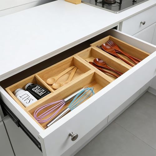 5-Piece Bamboo Drawer Organizer Storage Boxes Kitchen Multi-purpose Storage Dividers Drawer Organizer Set for Office Vanity Closet & Bathroom Kitchen Office Jewelry Cosmetics