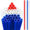 JANYUN 30 Pieces Patriotic Plastic Straws, Red White Blue Star Straws