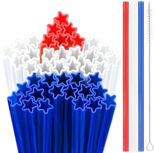 JANYUN 30 Pieces Patriotic Plastic Straws, Red White Blue Star Straws