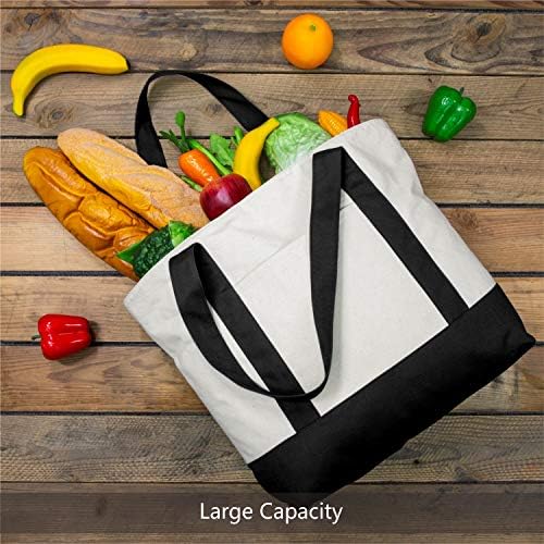 TOPDesign 3-Pack Canvas Tote Bags with an External Pocket, Reusable Grocery Shopping Bags, Top Zipper Closure, Daily Essentials (Black/Natural)