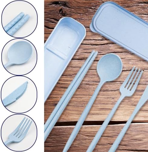 4 Sets Reusable Utensils Set with Case,Camping Cutlery Set Travel Silverware Set with Case Lunch Utensils Set for Work,Utensil Sets for Lunch Picnic Daily Use Outdoor (Lightblue)