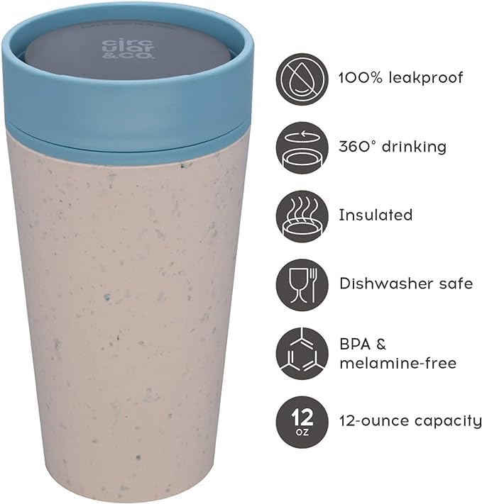 Circular and Co Reusable Coffee Cup 12oz/340ml - The World's First Travel Mug Made from Recycled Coffee Cups, 100% Leak-Proof, Sustainable & Insulated (Cream & Faraway Blue)