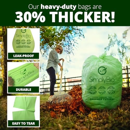 Simply Bio 30-33 Gallon Compostable Trash Bags Liners Flat-Top, Heavy Duty Extra Thick 1.57 Mil, 124.92 Liter, 30 Bags, Lawn, Yard, and Restaurant Use, ASTM D6400, US BPI, OK Compost Home Certified