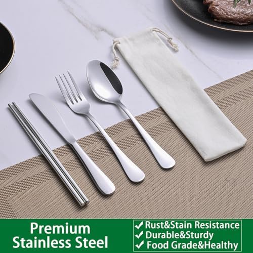 DEHOV Travel Utentils Set With Pouch,Reusable Portable Camping Silverware Set Knife Spoon Fork Chopsticks For Picnic,Travel Accessories Gadgets,Picnic Essentials
