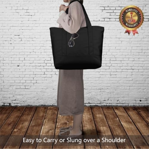 TOPDesign 3-Pack Canvas Tote Bags with an External Pocket, Reusable Grocery Shopping Bags, Top Zipper Closure, Daily Essentials (Black)