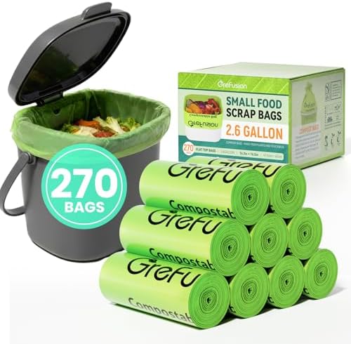 GreFusion Compostable Trash Bags, Small 2.6 Gallon, 270 Count, 0.72 Mils Thick, Eco Friendly, ASTM D6400 & BPI Certified, Composts Food Scraps, No Leaks