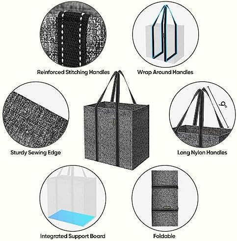 BALEINE 4 PK Grocery Bags Reusable Shopping Bags with Reinforced Bottom, Heavy Duty Foldable Tote Bags (Grey)