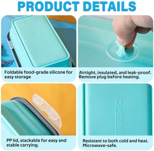 Decorwell 4 Collapsible Food Storage Containers, 12/17/27/40 oz Food-Grade Silicone Set, Leakproof Food Containers for Kitchen Office Camping Picnic, Blue