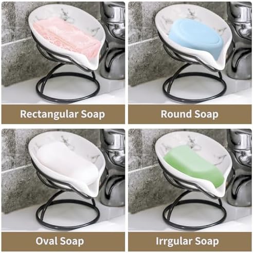 Dobbyby Leaf-Shaped Soap Dish – Premium Ceramic Soap Bar Holder with Self-Drainage System – Bar Soap Holder for Shower, Bathroom Sink, Kitchen – Waterfall Soap Dish with Stainless Steel Stand (Black)