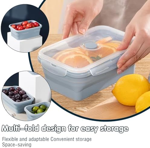 Silicone Collapsible Food Storage Containers-Prep/Storage Bowls with Lids – Set of 2 Silicone Lunch Containers for Kitchen, Camping, Dishwasher, Microwave, Freezer Safe(550ML and 800ML, Blue)