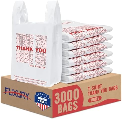 Fuxury 3000 Count - 3K Plastic Thank You T-shirt Bags White (11.5" x 6.5" x 21"), Grocery, Take Out, To Go, Retail Shopping Bags for Business in Bulk