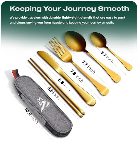 Taplord Portable Travel Silverware Set With Case, Includes 5 Pcs of Travel Utensils With Case, Stainless Steel Flatware Set For Camping, Easy to Travel, Lightweight (Gold)