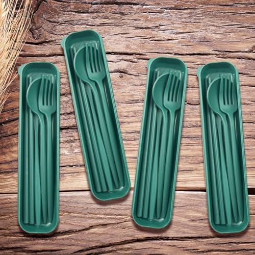 ELANE 4 Sets Reusable Travel Utensils Set with Case,Camping Cutlery Set Reusable Cutlery Set with Case,Utensil Sets for Lunch Picnic Daily Use Outdoor (darkgreen)