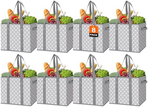 Reusable Grocery Bags 8 Pack, Foldable & Water Resistant Shopping Bags