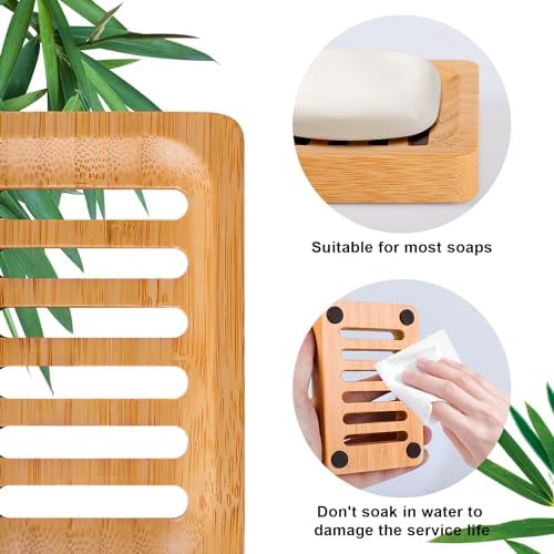 Bamboo Soap Dish Self-Draining Non-Slip Soap Saver - Wooden Trays for Bar Soap - Kitchen, Shower, Bathroom - 3 Pack