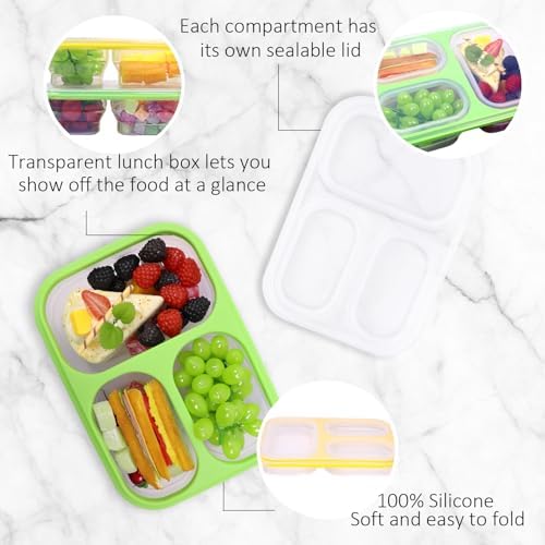 2 Pack Big Collapsible Full Silicone Bento Lunch Boxes With Lids, 3 Compartments, 45.6oz, Clear Divided Lunch Food Storage Containers, Safe in Microwave, Dishwasher and Freezer, BPA Free