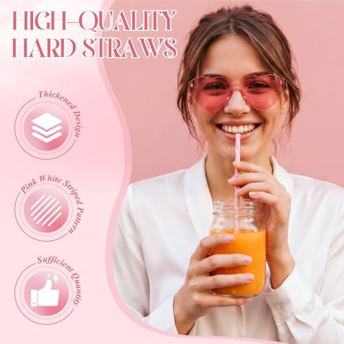Honeydak 50 Pcs Reusable Plastic Straws Bulk,Pink and White Striped