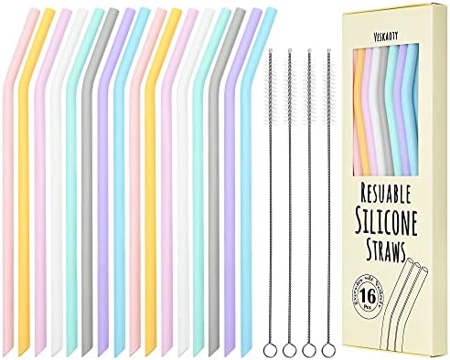 Reusable Silicone Drinking Straws, 16 Pcs Long Flexible Straws with 4 Cleaning Brushes for 20 and 30 oz Yeti/Rtic/Ozark Tumblers, BPA free, no Rubber Taste