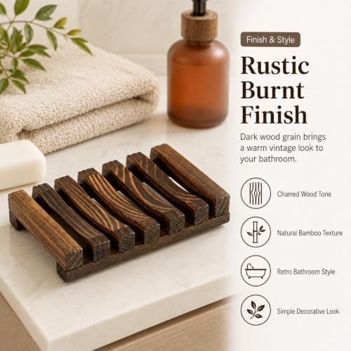 Bamboo Soap Dish for Bar Soap, Raised Wooden Holder with Drain Slots，Carbonized Pine Wood Soap Box