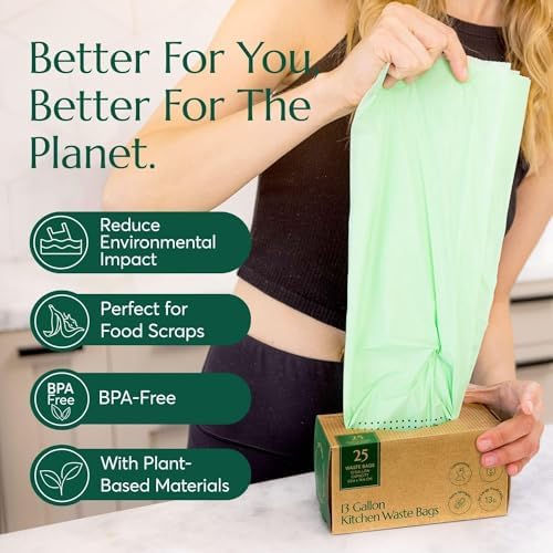 Cleanomic Compostable* 13 Gallon Waste Bags with Drawstring (2 Pack, 50 Count), BPI Certified For Kitchen Compost