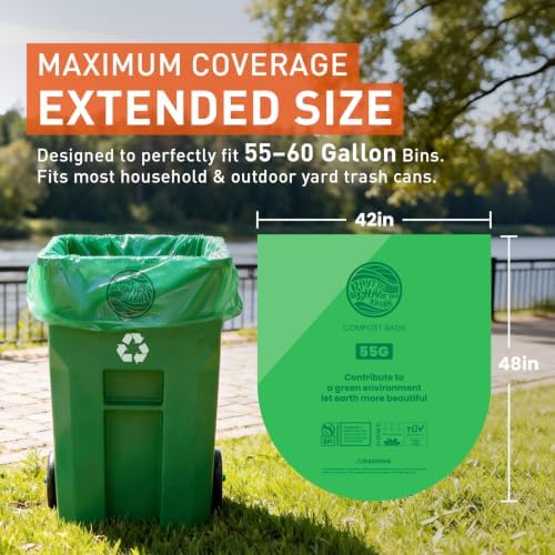55-60 Gallon Compostable Trash Bags Liners, Heavy Duty Extra Thick 1.57 Mil, 208.2 Liter, 15 Bags, Lawn, Yard, and Restaurant Use, ASTM D6400, US BPI, OK Compost Home Certified
