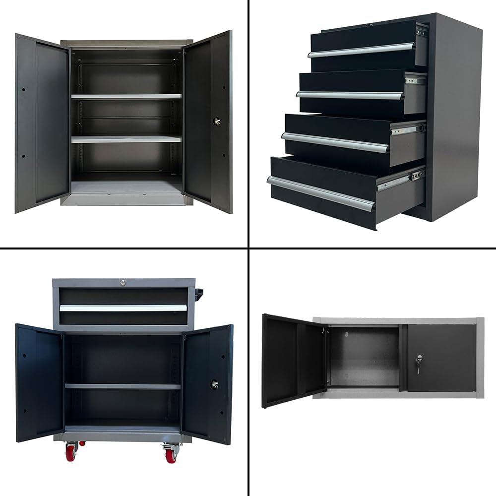 JZD Garage Storage Cabinet System, Lockable Tool Workbench Set for Workshop, Rolling Chest Included, Wall Mounting Not Necessary