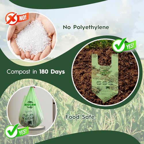 Compostable Trash Bags 1.2-1.6 Gallon Handle Tie 50 Count 0.6 Mil 6.06 Liter Small Compost Bags for Countertop Bin Biodegradable Bags Green for Kitchen ASTM D6400 & BPI Certified, OK Compost Home