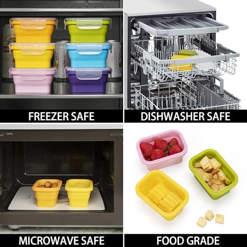 Collapsible Food Storage Containers with Lids, Small Silicone Snack Containers, Stackable Portion Control Containers, Mini Fridge Organizer, Microwave Freezer Dishwasher Safe, 6.5oz, 6 Pack