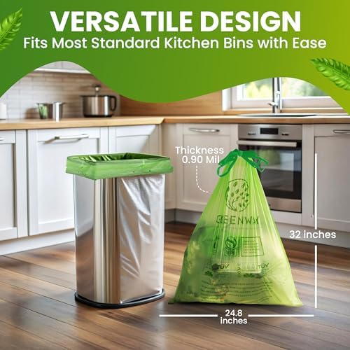 GREENWAY 13 Gallon Compostable Drawstring Trash Bags – Extra Thick 1.0 Mil – 50 Count – BPI & OK Home Certified – Leak‑Proof Kitchen Garbage Bags for Food Waste, Diaper Pails & Tall Bins