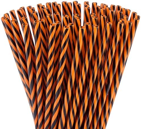 Honeydak 50 Pcs Reusable Plastic Straws Bulk,Black and Orange Stripe