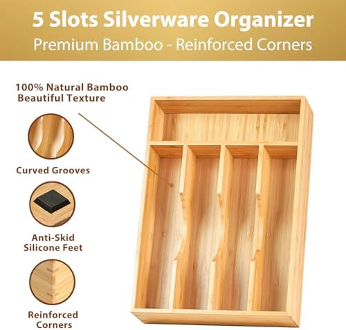 Umilife Bamboo Kitchen Drawer Organizer, 8.25 Inch Silverware Utensils Tray Holder for Small Drawer, Wood Caddy for Flatware Cutlery Knives