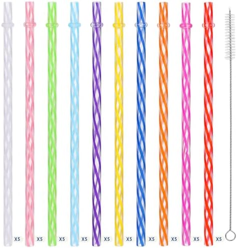 Jovitec 50 Pcs 11 Inch Reusable Plastic Straws with Brush, 10 Colors