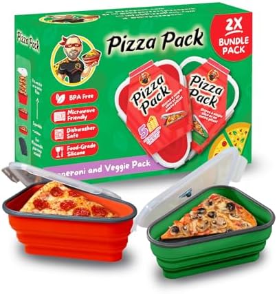 PIZZA PACK The Perfect Reusable Pizza Storage Container with 5 Microwavable Serving Trays - BPA-Free Adjustable Pizza Slice Container to Organize & Save Space, 2 Pack, Red, Green