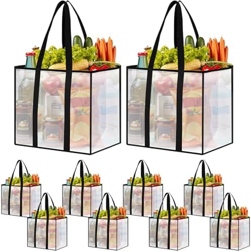Reusable Grocery Bags, Clear Shopping Bags, 10 Pack, 33L