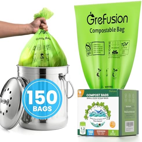 GreFusion Compostable Trash Bags for Kitchen Compost Bin 1.2 Gallon,150 Count,Compost Bags Small for Food Scrap Waste Bags for Countertop Bin Certified by BPI,ASTM D6400 and OK Compost