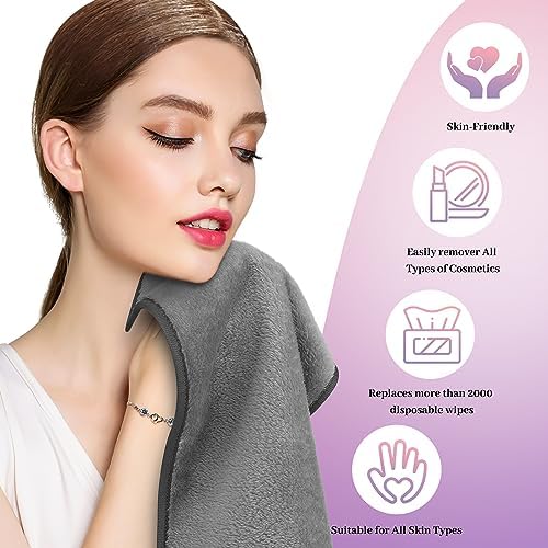 Makeup Remover Cloth Pack of 8, Soft Microfiber Makeup Remover Towels,13x7 inch Reusable Facial Cleansing Cloths for All Skin Types,Gray