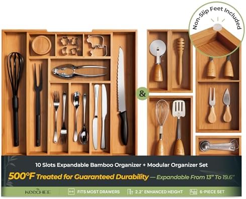 keechee 6-Piece Bamboo Drawer Organizer Set, 2.2" Deep Multi-Use Organizers for Utensils, Silverware, Cutlery, Desk, Bathroom, Junk Drawer & Makeup, Non-Slip Feet Included.