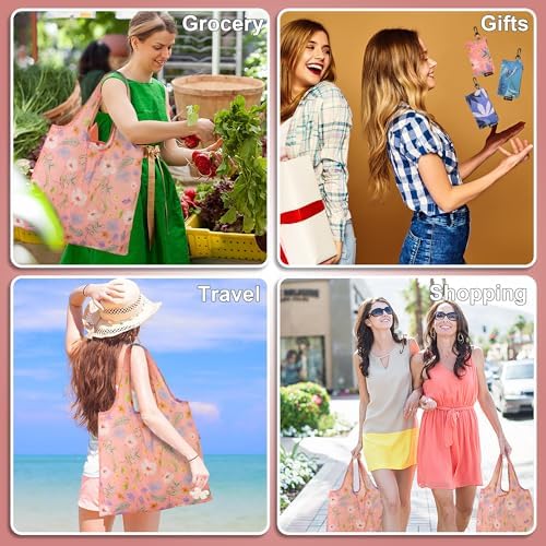 HOLYLUCK Reusable Grocery Bags,Heavy Duty Foldable Shopping Tote Bag (Standard, Pink floral)