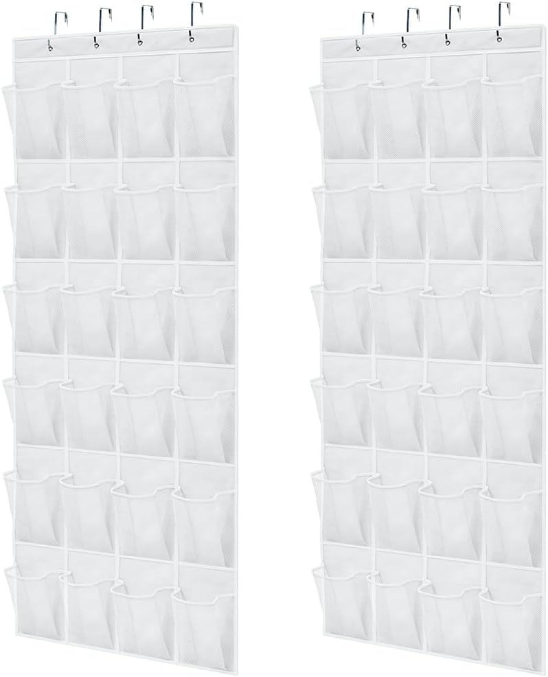GORILLA GRIP Over the Door Shoe Organizer, 2 Pack, 24 Breathable Mesh Pockets, Space Saving Hanging Storage Holder, Closet Rack Hanger Holds Up to 40 lbs, Hangs on Closets, Shoes, Accessories, White