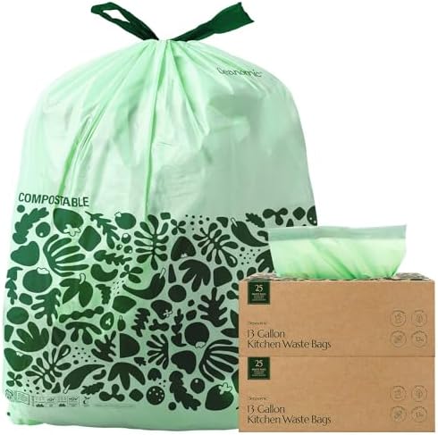Cleanomic Compostable* 13 Gallon Waste Bags with Drawstring (2 Pack, 50 Count), BPI Certified For Kitchen Compost