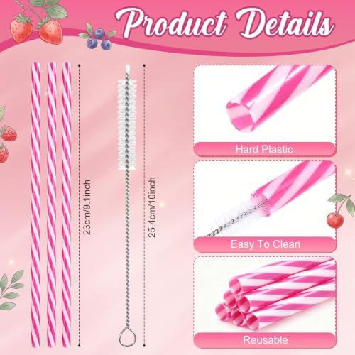 Honeydak 50 Pcs Reusable Plastic Straws Bulk,Rose Red Stripe