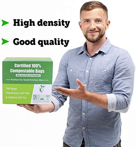 Compostable Bags, 6 Gallon Food Scraps Yard Waste Bags, 100 Count, Extra Thick 0.87 Mil. ASTMD6400 Compost Bags Small Kitchen Trash Bags, Certified By BPI And TÜV AUSTRIA,