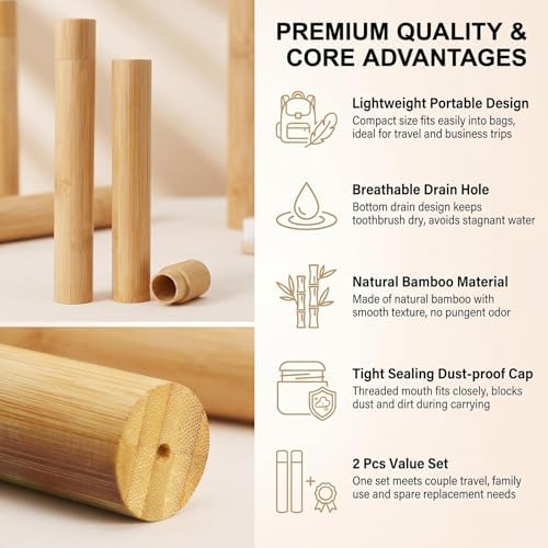 2 Pcs Bamboo Toothbrush Travel Case