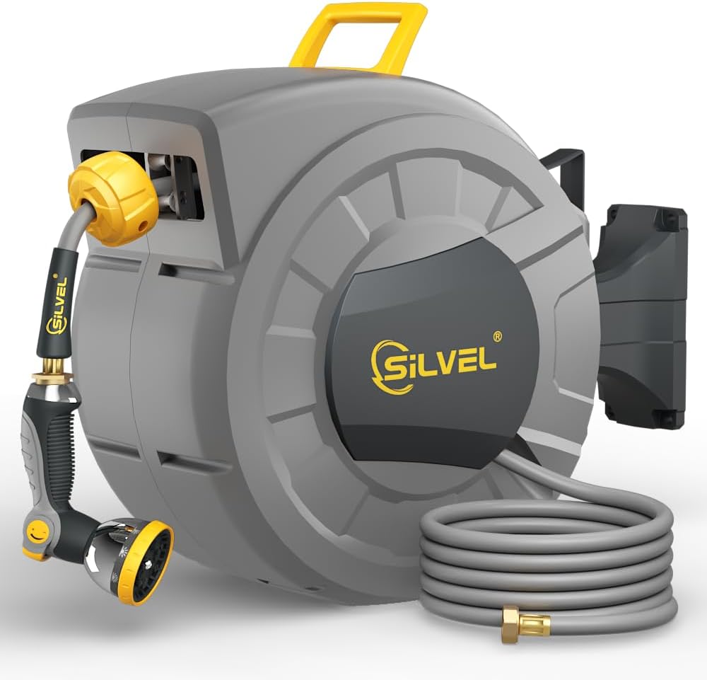 SILVEL 1/2 in x 110 FT Retractable Garden Hose Reel, UV Resistant Heavy Duty Automatic Hose Reel Wall Mount with 10 Pattern Nozzle, Any Length Lock & Slow Return System, 180°Swivel Bracket, Yellow