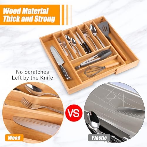Bellsal Large Premium Bamboo Silverware Organizer - Expandable Utensil Drawer Organizer - 17"x19.6" Utensil Holder and Cutlery Tray with Grooved for Kitchen Flatware and Utensils Mother's Day Gift