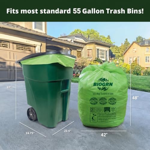 50-55 Gallon Compostable Trash Bags Food Waste Bags Liners with Flat-Top, Thick 2 Mil, 208.2 Liter, 12 Bags, Tall Kitchen Food Scrap Waste Bag, ASTM D6400, US BPI and OK Compost Home Certified