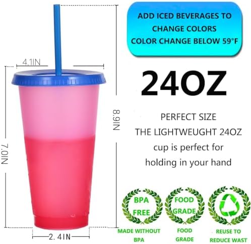 Color Changing Cups, 5 Pack 24oz Plastic Tumblers, Reusable Iced Coffee & Smoothie Cups with Lids and Straws for Parties and Travel (5 Changing, 5 Packs)