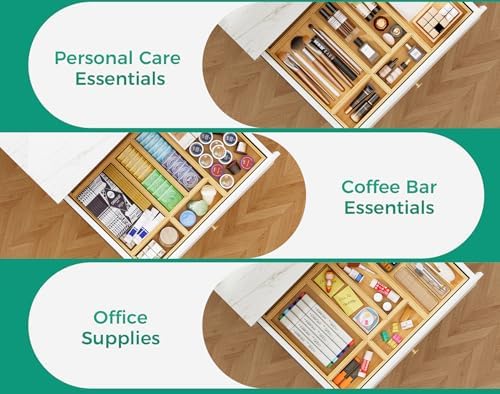 Bamboo Kitchen Drawer Organizer Set of 2, 15" x 6" Stackable Wood Tray