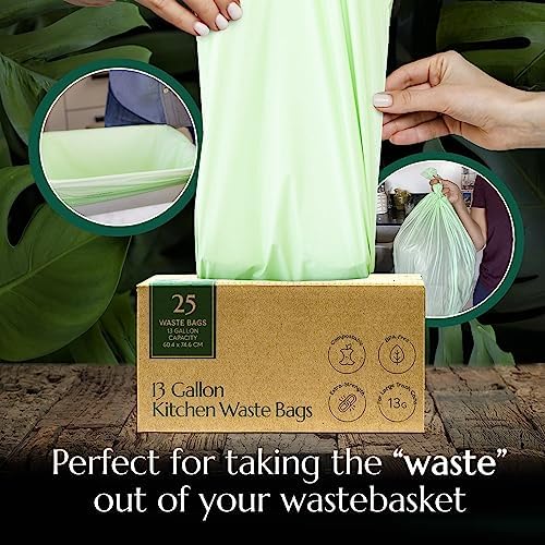 Cleanomic Compostable* Waste Bags with Drawstring (13 Gallon, 25 Units, Tall), BPI Certified For Kitchen Compost