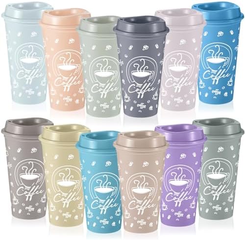 12 Sets Reusable Coffee Cups with Lids, 16oz, Light Morandi